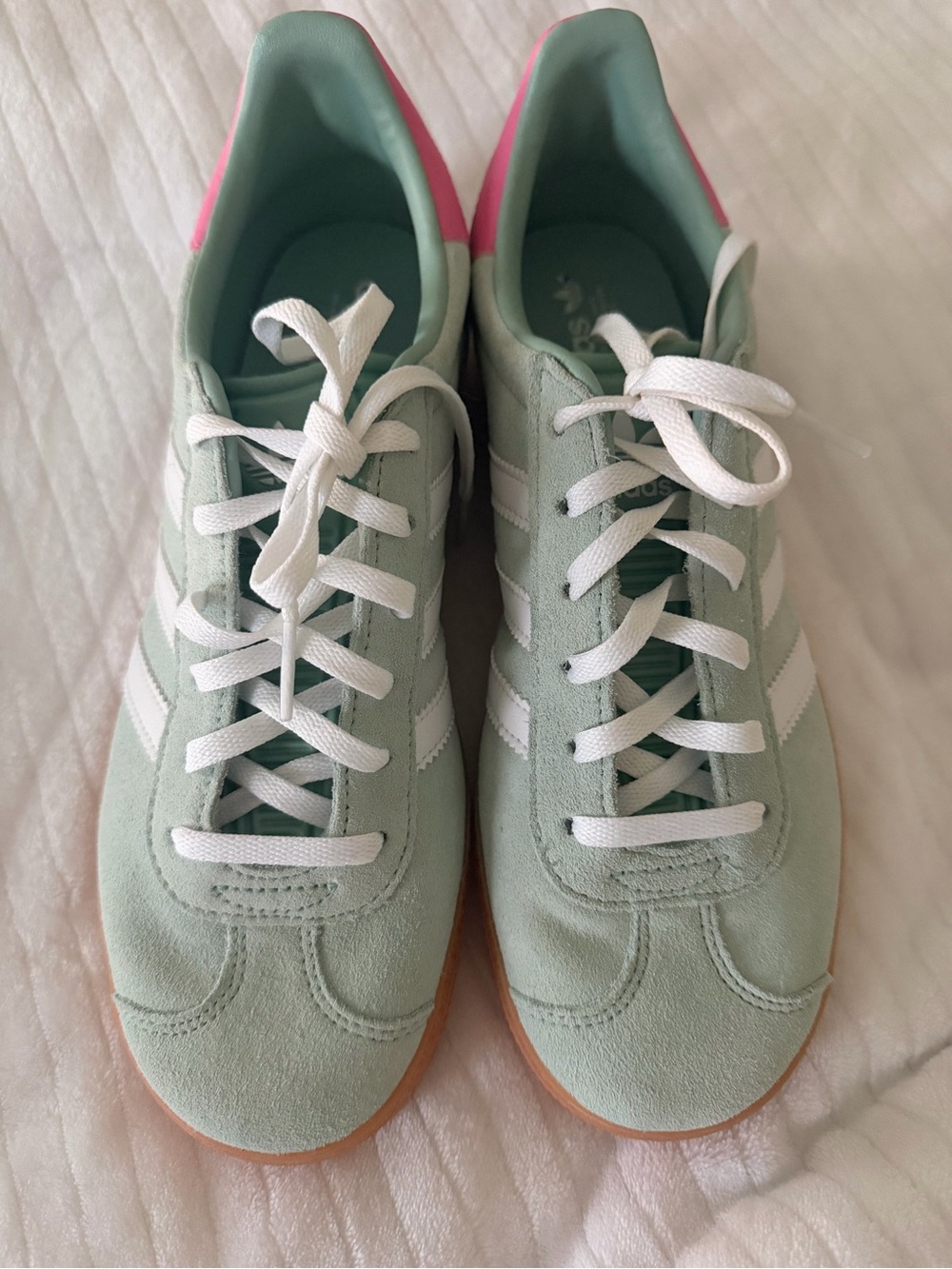 adidas Mint Green Suede Sneakers with Pink Heel